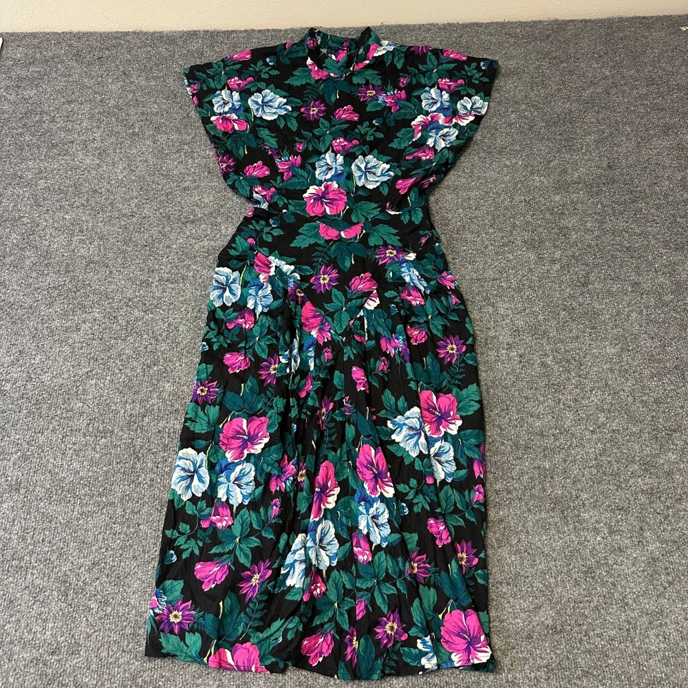 Just Maggie Dress Womens Size 7/8 Black Floral Rayon Vintage Drop Waist USA Made